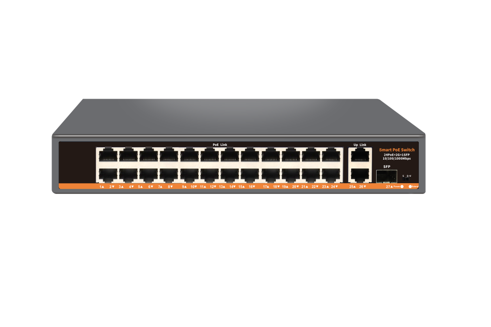 коммутатор 24 PoE*100Мбит/с + 2*1000Мбит/с + 1SFP*1000Мбит/с, WatchDog, металл POE-H242G1F 
