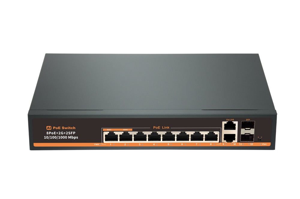 коммутатор 8 PoE*1000Мбит/с +2*1000Мбит + 2SFP*1000Мбит/с, WatchDog, металл POE-H8G2G2F 