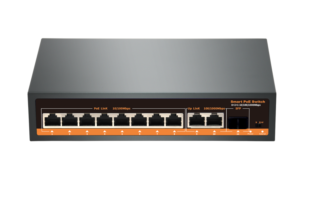 коммутатор 8 PoE*100Мбит/с + 2*1000Мбит/с + 1SFP*1000Мбит/с, WatchDog, металл POE-H82G1F 